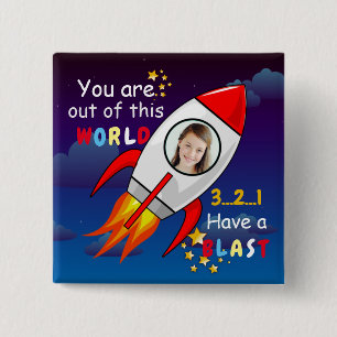 Badge Carré 5 Cm Cute Outer Space Rocket Ship Blast Off Birthday