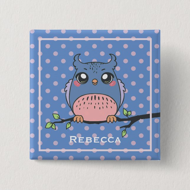 Badge Carré 5 Cm Cute Owl Art Dotty Personalised Girls (Devant)