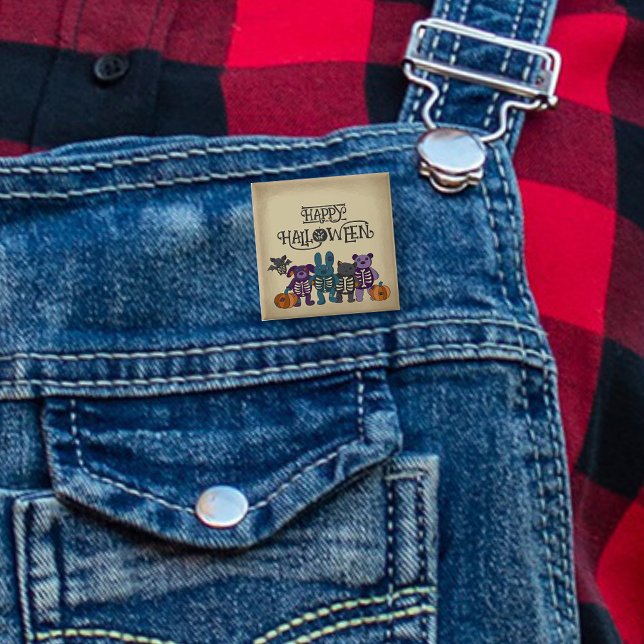 Badge Carré 5 Cm Cute Skeleton Animaux et Halloween Citrouille (Créateur téléchargé)