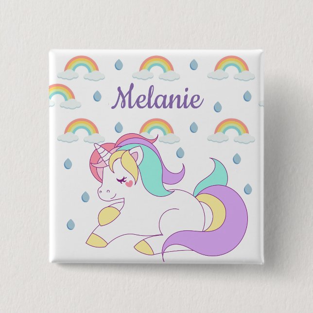 Badge Carré 5 Cm Cute Unicorn et Rainbows Personnalisé (Devant)