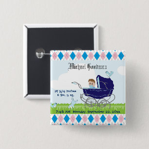 Badge Carré 5 Cm Cute Vintage Blue Baby Boy Carriage