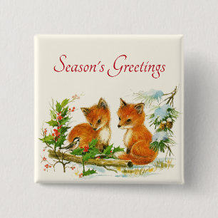 Badge Carré 5 Cm Cute Vintage Foxes Retro Christmas Scene