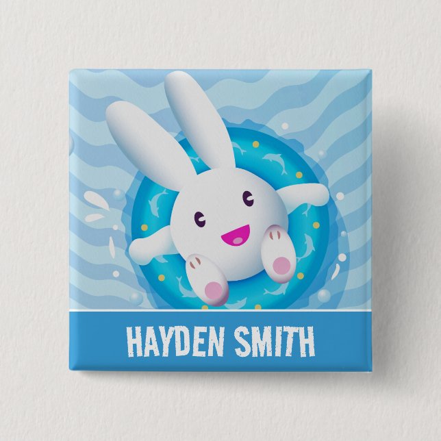 Badge Carré 5 Cm Cute White Bunny Pool Party Personalised (Devant)