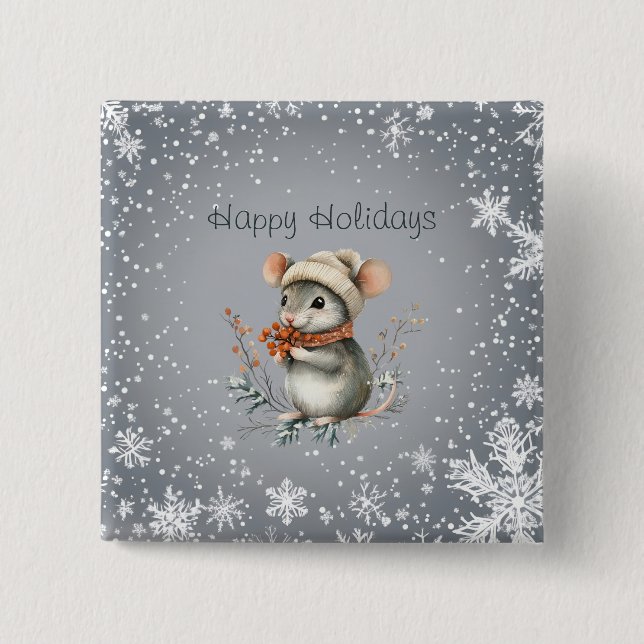 Badge Carré 5 Cm Cute Winter Mouse with Berries (Devant)