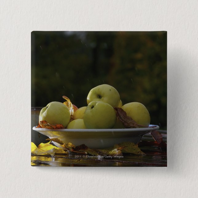 Badge Carré 5 Cm Cuvette de pommes et de feuille (Devant)