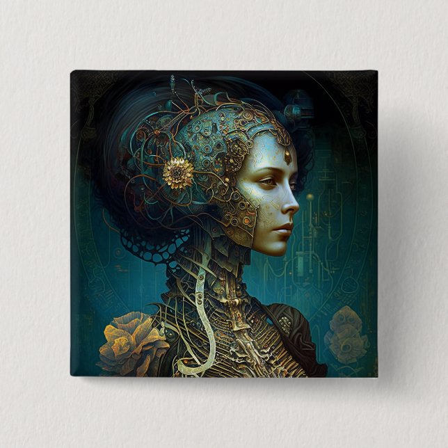 Badge Carré 5 Cm Cyborg Femme Imaginaire Sci-Fi Art (Devant)