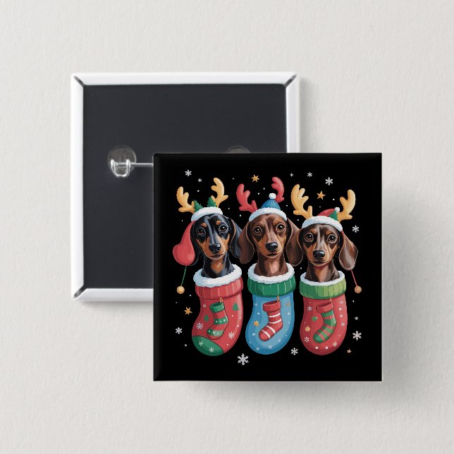 Badge Carré 5 Cm Dachshund Noël Amoureux des chiens cadeau de vacan (Devant & derrière)
