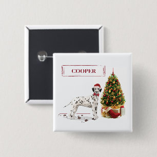 Badge Carré 5 Cm Dalmatien drôle de Noël et arbre