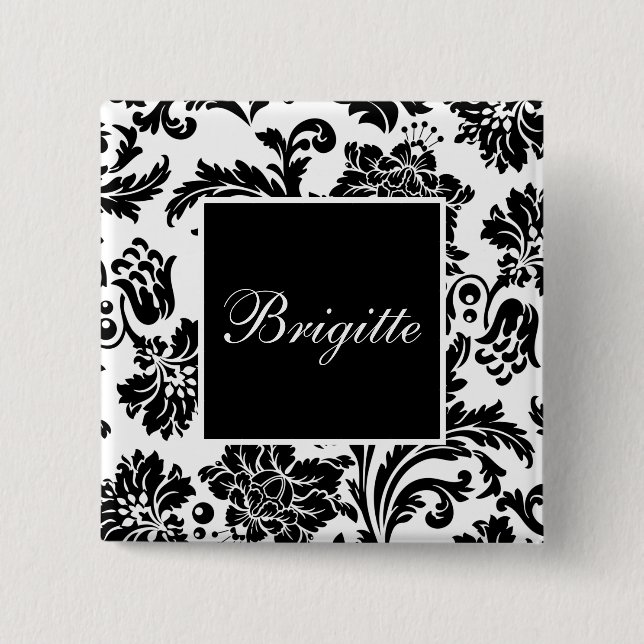 Badge Carré 5 Cm Damas noir et blanc (Devant)