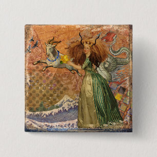 Badge Carré 5 Cm Dame de la Renaissance Capricorne Fantastique Vint