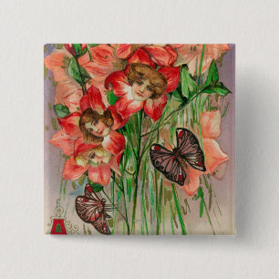 Badge Carré 5 Cm De Joyeuses Pâques avec les fleurs principales de