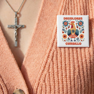 Badge Carré 5 Cm DeColores Cursillo Coq Art Populaire Floral Orange