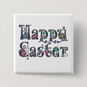 Badge Carré 5 Cm Decorative Happy Easter Typography   Pin Button