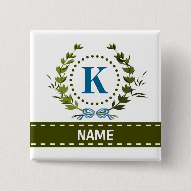 Badge Carré 5 Cm Délicat Ivy Wreath and Bow Name avec Monogram K (Devant)