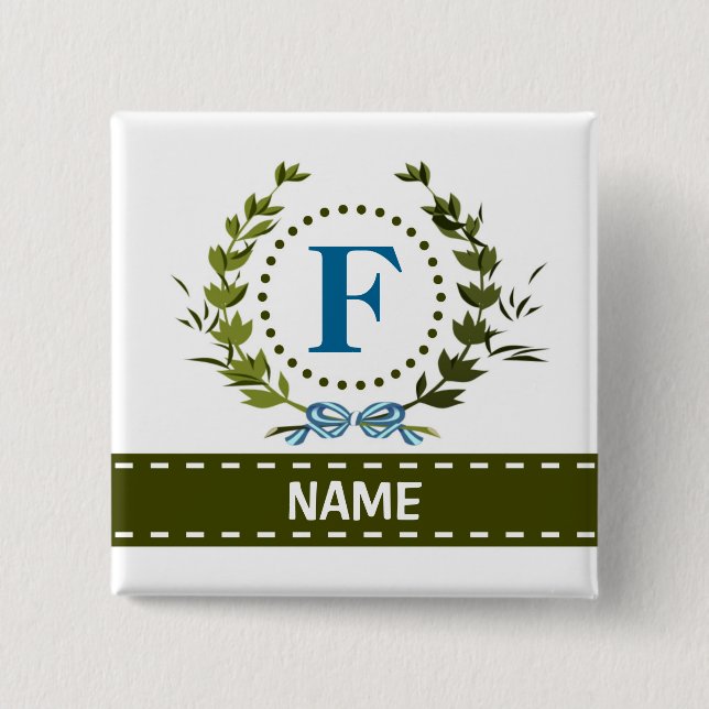 Badge Carré 5 Cm Délicat Ivy Wreath and Bow Name avec Monogramme F (Devant)