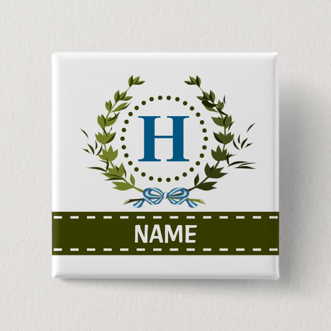 Badge Carré 5 Cm Délicat Ivy Wreath and Bow Name avec Monogramme H (Devant)