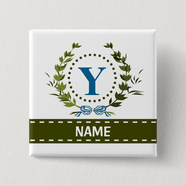 Badge Carré 5 Cm Délicat Ivy Wreath and Bow Name avec Monogramme Y (Devant)