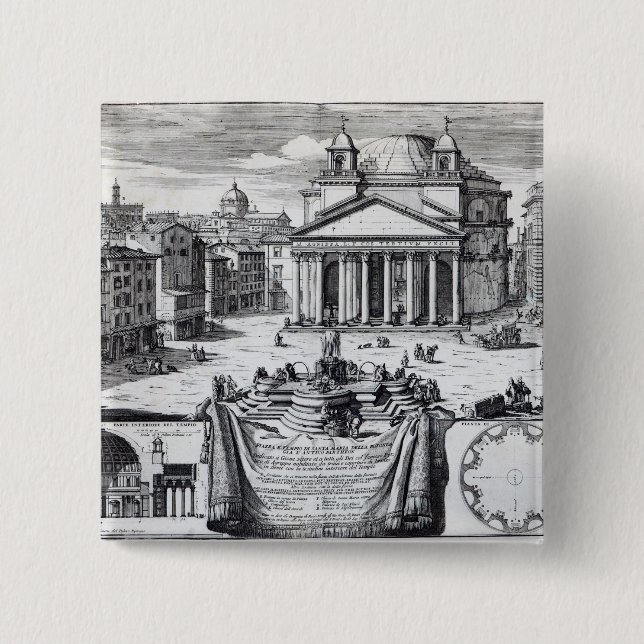 Badge Carré 5 Cm Della Rotonda de Piazza avec une vue de Panthéon (Devant)