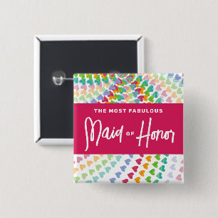 Badge Carré 5 Cm Demoiselle d'honneur Cœurs arc-en-ciel Paillettes 