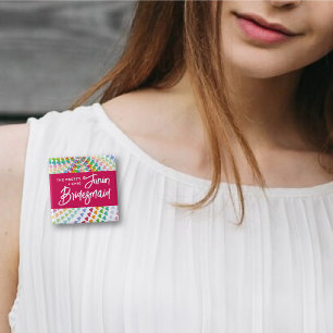 Badge Carré 5 Cm Demoiselle d'honneur junior Cœurs arc-en-ciel pail