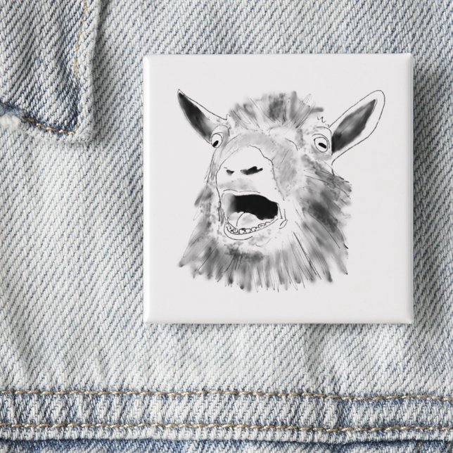 Badge Carré 5 Cm Dessin de chèvre drôle hurlant irky Animal Art (Funny screaming goat drawing button simple black and white farm animal art)
