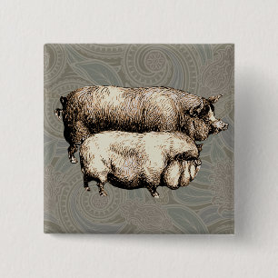Badge Carré 5 Cm Dessins de cochons antiques Cochon vintage