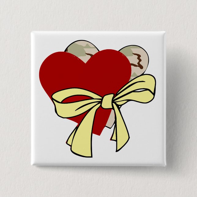 Badge Carré 5 Cm Deux coeurs et ruban jaune (Devant)
