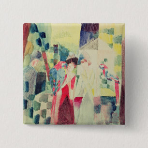 Badge Carré 5 Cm Deux femmes et un homme avec des perroquets, 20ème