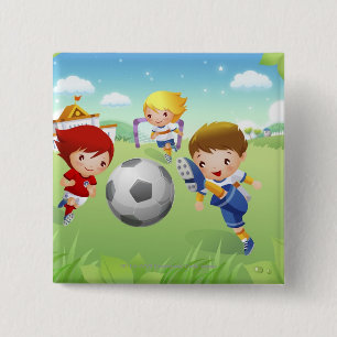 Badge Carré 5 Cm Deux filles et un garçon jouant au football