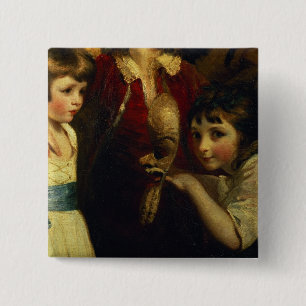 Badge Carré 5 Cm Deux filles, on jouant avec un masque, détail de