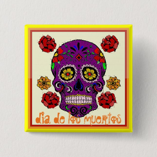 Badge Carré 5 Cm Dia de los muertos — Bouton crâne de sucre (Devant)