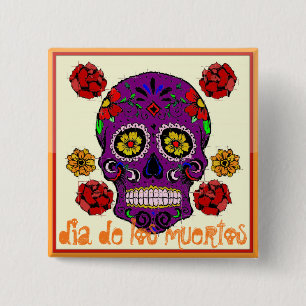 Badge Carré 5 Cm Dia de los muertos — Bouton crâne de sucre