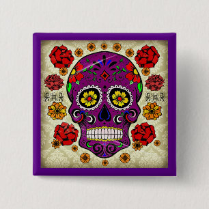Badge Carré 5 Cm Dia de los muertos — Bouton crâne de sucre