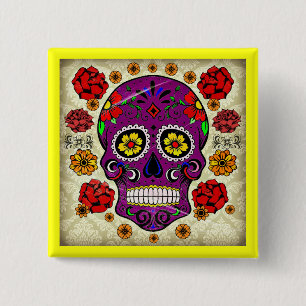 Badge Carré 5 Cm Dia de los muertos — Bouton crâne de sucre
