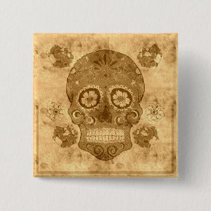 Badge Carré 5 Cm Dia de los muertos - Crâne de sucre sépia bouton