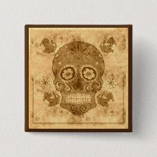 Badge Carré 5 Cm Dia de los muertos -- Sepia Sugar Skull Button