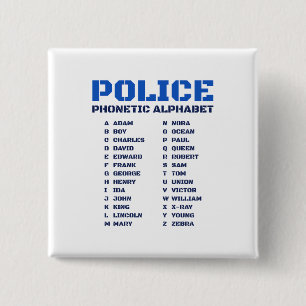 Badge Carré 5 Cm Dictionnaire phonétique de police Alphabet A à Z