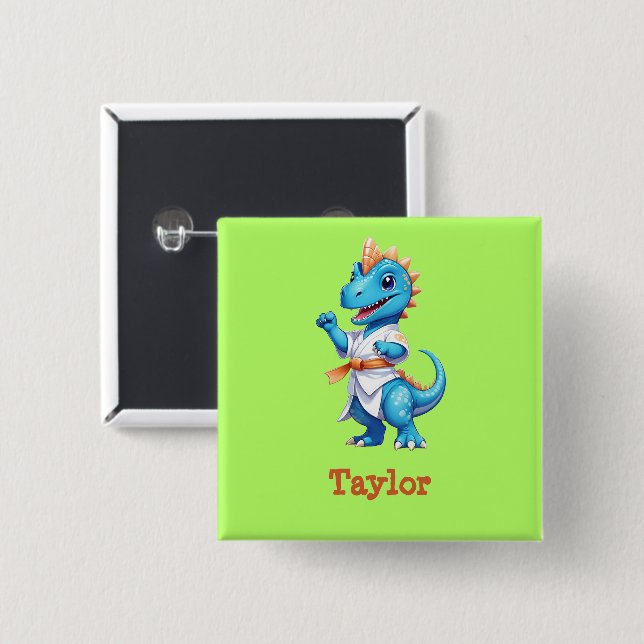 Badge Carré 5 Cm Dinosaure karaté bleu (Devant & derrière)