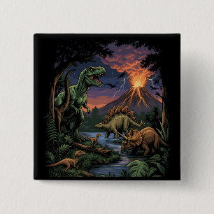 Badge Carré 5 Cm Dinosaure Rex et Triceratops Jurassique Vintage