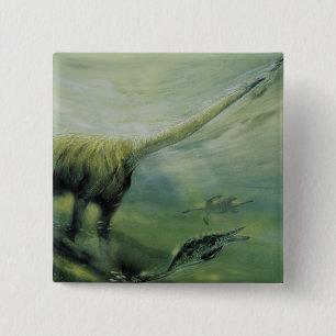 Badge Carré 5 Cm Dinosaures vintage, Brachiosaure nageant dans l'oc