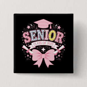 Badge Carré 5 Cm Diplômé de la promotion 2025 Rose Coquette Bow