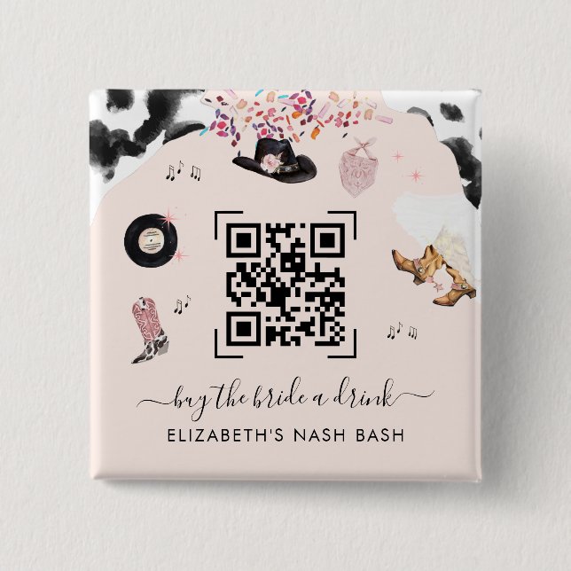 Badge Carré 5 Cm Disco Cowgirl Rodeo Buy The Bride A Drink QR Code  (Devant)