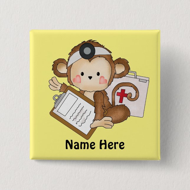 Badge Carré 5 Cm Docteur Monkey, bouton ajouter des mots (Devant)