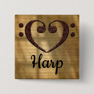 Badge Carré 5 Cm Double harpe de coeur de clef basse