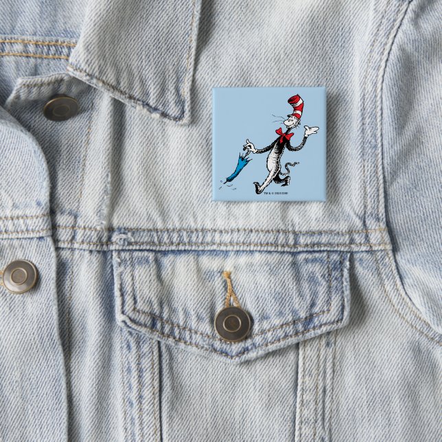 Badge Carré 5 Cm Dr Seuss | Chat dans la marche des parapluies Casq (En situation)