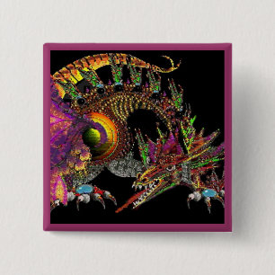 BADGE CARRÉ 5 CM DRAGO / DRAGON D'OR IMAGINAIRE EN PURPLE ET NOIR