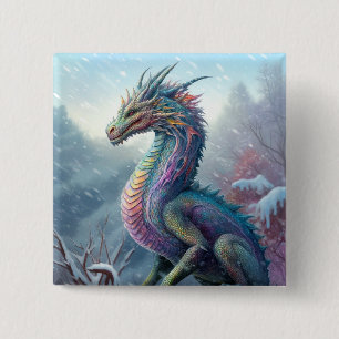 Badge Carré 5 Cm Dragon Arc En Ciel Dans L'Art De L'Imaginaire De N