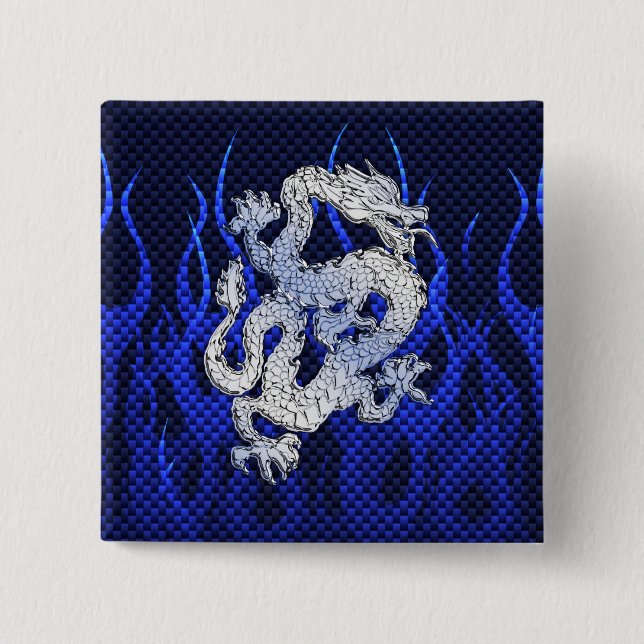 Badge Carré 5 Cm Dragon dans Chrome comme bleu Carbon Fiber Style (Devant)
