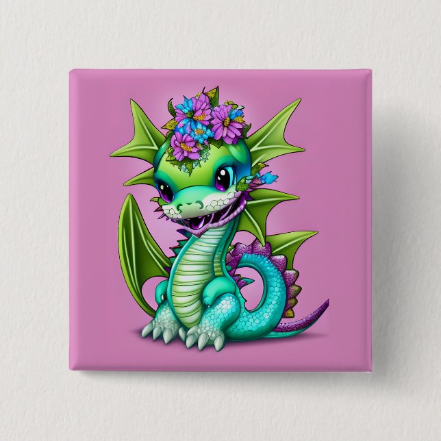 Badge Carré 5 Cm Dragon de bébé pourpre et vert (Devant)