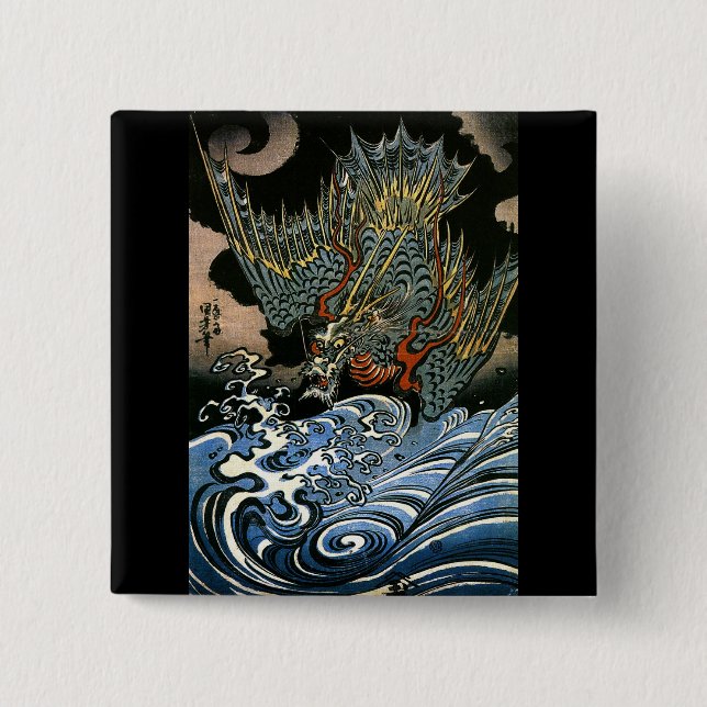 Badge Carré 5 Cm Dragon & Eau Spirit Kuniyoshi Art Japonais (Devant)
